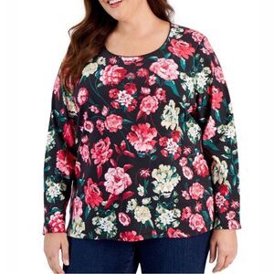 Karen Scott 2X Floral Top Cotton Blend Long Sleeve